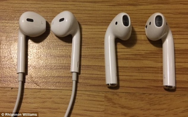 A side by side comparison photo shows the old Apple earpods (left), and the new generation wireless bluetooth airpods that are shipping with the new iPhone7.