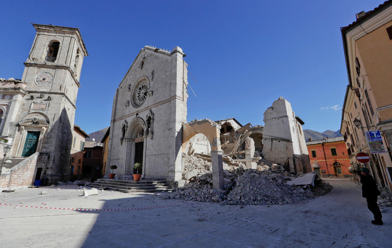 The collapsed Cathedral of St. Benedict in Norcia, in central Italy, on Monday a day after the country was struck by its third powerful earthquake in two months. 
