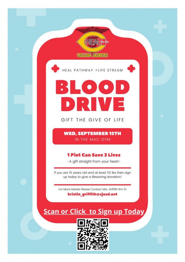 HEAL Pathways flyer for the annual Blood Drive has a QR code link to sign up to donate.