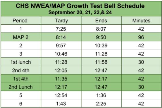 From Sept. 20-24, students will take the MAP test. This is the daily schedule for the 20th-22nd and the 24th.