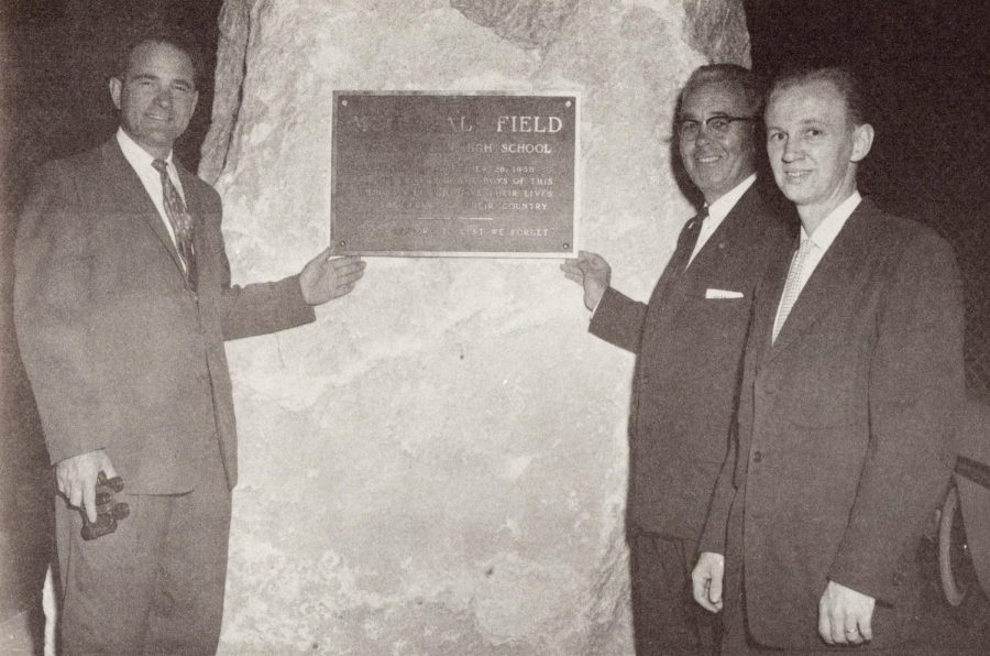 Memorial Stadium was dedicated on September 26, 1958 with the installation of the limestone rock. This photo features (from left to right), Rev. Dean Berger, Donald McIntosh, and Honorable Thomas Halderson, Judge of Municipal Court in San Bernardino.