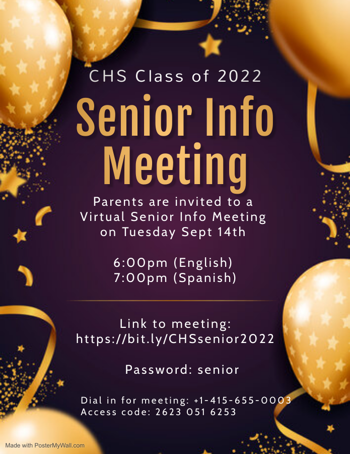 Senior Info Meeting Night for families is on Sept. 14. Use the link and password in this flyer to join the virtual meeting.