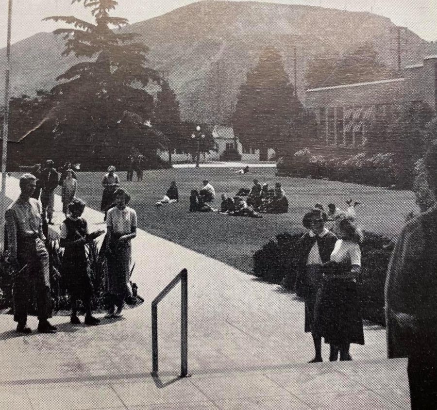 Lunchtime at Colton High in 1950 involved spreading out on the schools sprawling lawn . . . for seniors only!