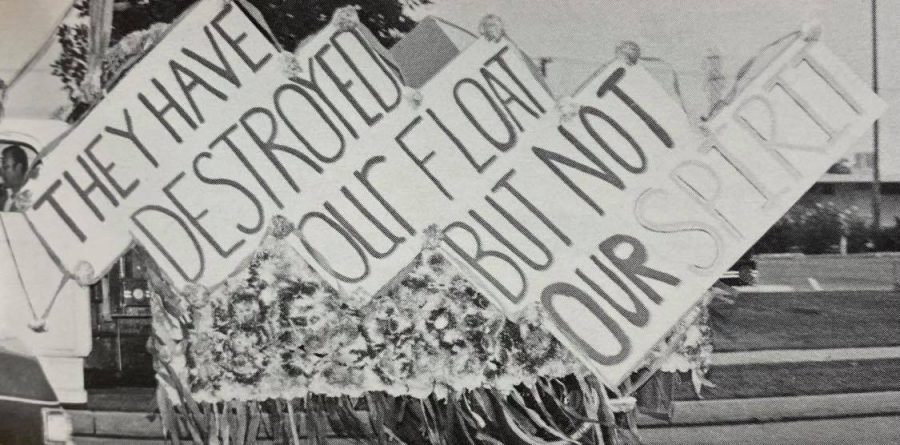The Class of 1986 had their Homecoming Parade float destroyed before the parade, but their school spirit was not to be denied.
