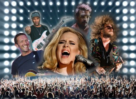 This weeks Vibe centers around new music by established artists (from left: Chris Martin of Coldplay, Tom Morello, Adele, Conor Murphy of Foxing, and Jim James of My Morning Jacket).