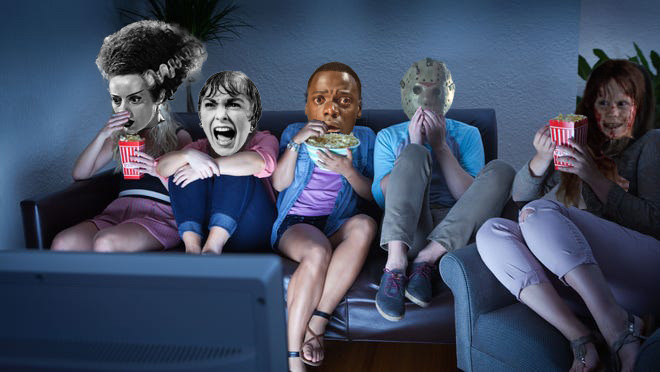 Watching horror movies is the perfect way to deal with a wide range of fears and anxieties, especially when watched with family. (Featured, from left: Elsa Lanchester from The Bride of Frankenstein, Janet Leigh from Psycho, Daniel Kaluuya from Get Out, Jason Vorhees from Friday the 13th, and Linda Blair from The Exorcist.)