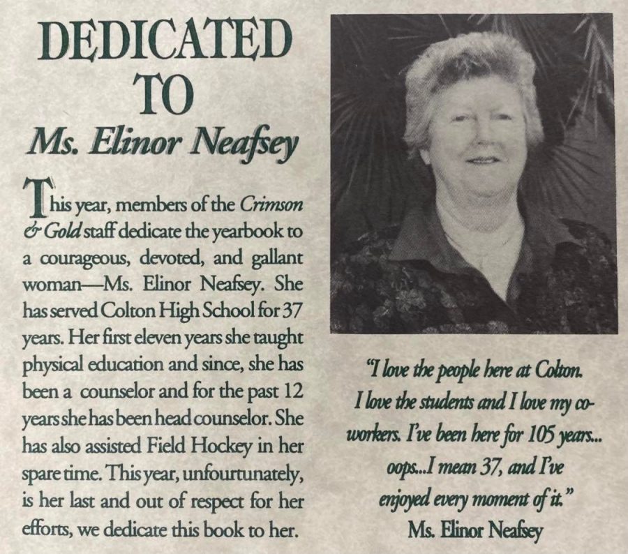 The 1994 Crimson & Gold is dedicated to Ms. Elinor Neafsey. Here is the inscription from the front endsheet.