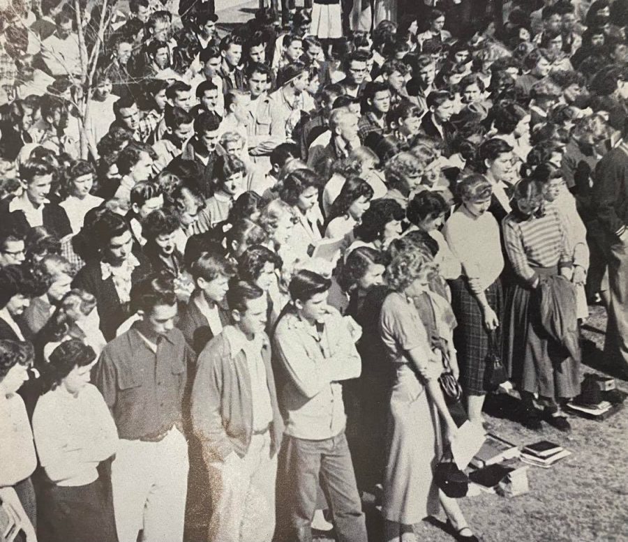 CHS students gather at the Arbor Day tree planting ceremony in 1952 to honor Mr. Edward J. Carrey, beloved CHS teacher.
