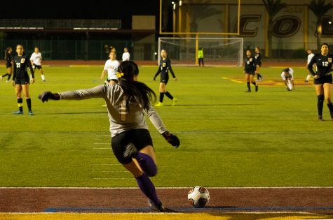 Goalkeeper Joleena Silberman puts Rancho Verde back on their heels with this deep kick to midfield during the first half of their match.