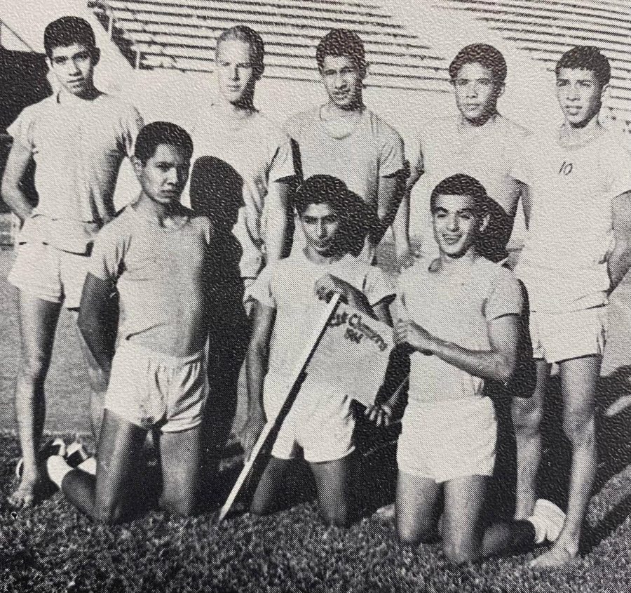 The 1966 boys varsity Cross-Country team. Bottom: Mike Gomez, Rudy Reyes, Bill Macias. Top: Jerry Leon, Albert Ake, Art Prado, Fred Campa, Mark Suchil.