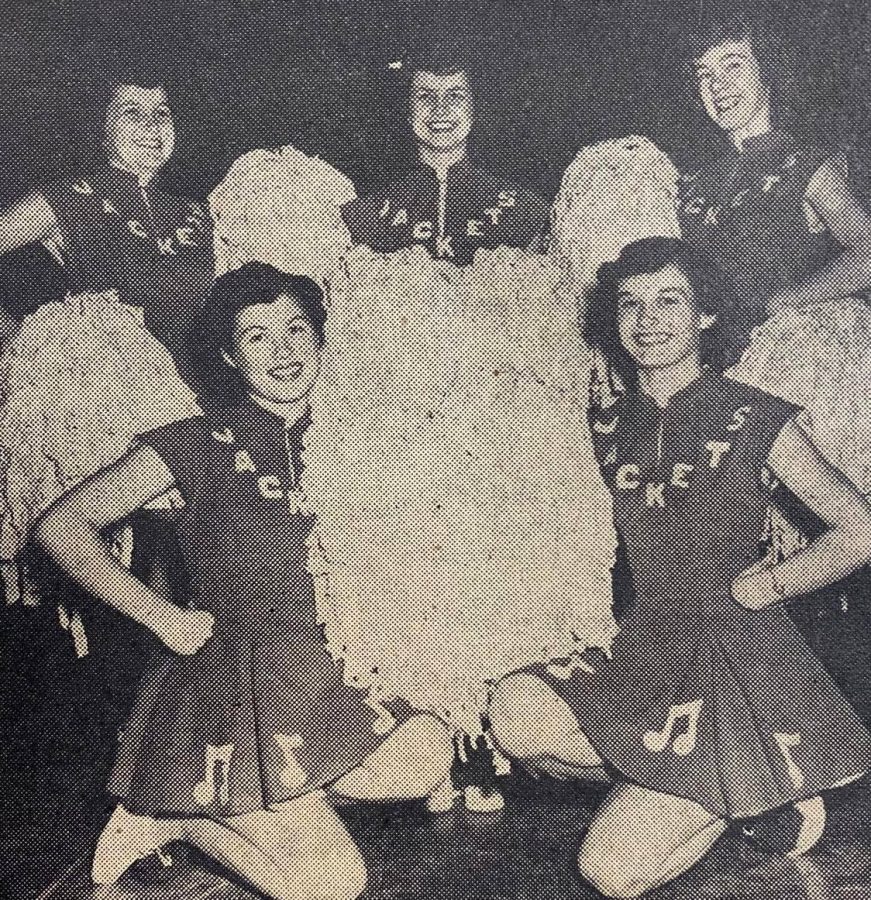 The CHS Pom-Pom Girls unveiled new uniforms in Jan. 1952. Featured are, from left, kneeling: Kit Fesmire, Bonita Park; back row: Jeanette Musick, Shirley Evans, and Pauline Stembridge.