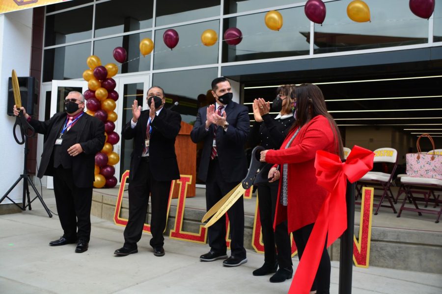 CJUSD School Board members (from left) Israel Fuentes, Frank Ibarra, Board President Bertha Flores, and Patt Haro join Superintendent Frank Miranda for the ribbon cutting ceremony at the Grand Opening of the new Cafetorium.