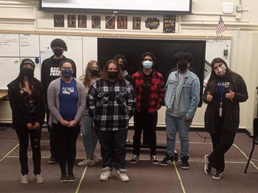 Drama Club met for first time in two years on Feb. 17, 2022. Featured in the image are, from left to right: Sherlyn Lara, Luis Ceja, Samantha Jimenez, Natalie Padilla, Daniel Ramos, Juan Terriquez, David Jimenez, Ms. Sarah Hantuli
