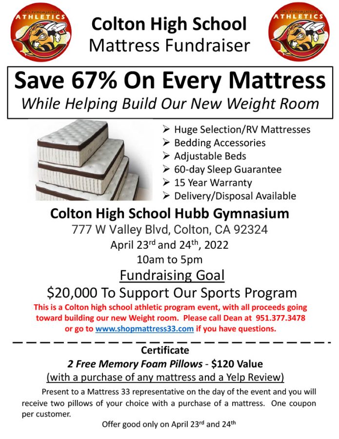The CHS Football program is hosting a mattress sale fundraiser on April 23-24 in the Hubbs Gym from 10 a.m. until 5 p.m.