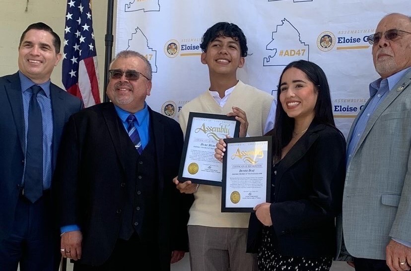 CHS students Duke Medina and Denise Diaz graduate from the Young Legislators program on April 9, 2022. Sharing the moment with them are CJUSD Superintendent Frank Miranda and CJUSD school board members Israel Fuentes and Frank Ibarra.