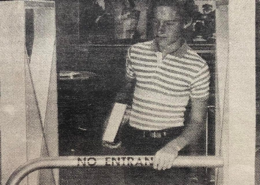 Due to widespread theft, the CHS library installed a security system in 1985. Freshman Greg Orndorff is pictured here testing the book detection system, which was four weeks old at the time.