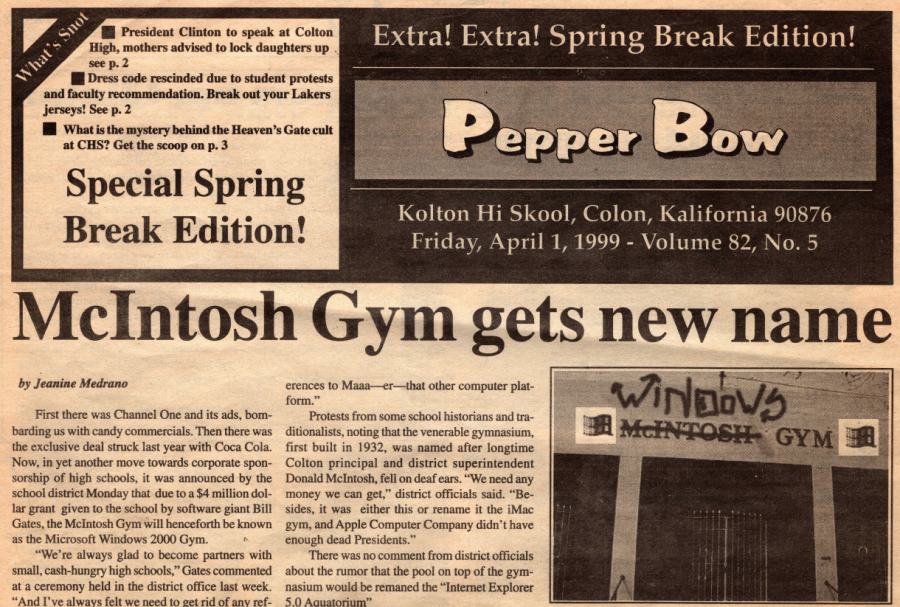 The Pepper Bough published an April Fools edition in 1999 that featured several wild headlines.