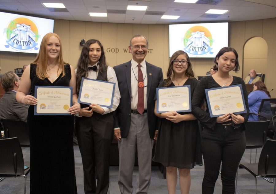Brooke Carlson, Natalie Caceres, Erin Dallatorre, and Sadie Larios were presented with Coltons Youth Leadership Recognition Award for their contributions to the Colton community during the 2021-22 school year.