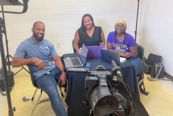Jamal Boyce, Lynette White, and Nyree Clark record the first episode of #CJUSDChats, the Colton Joint Unified School Districts first venture into podcasting.