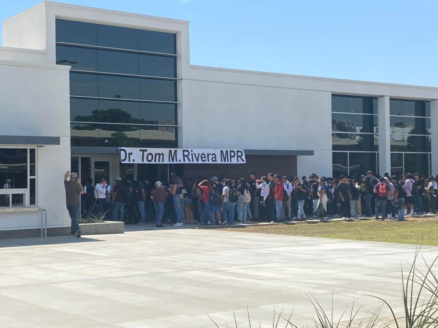 CHS students are welcomed to lunch at the newly named Dr. Tom Rivera Multi-Purpose Room. The temporary sign was hung on the MPR at lunch by CJUSD facilities. An official naming ceremony will happen in late October.