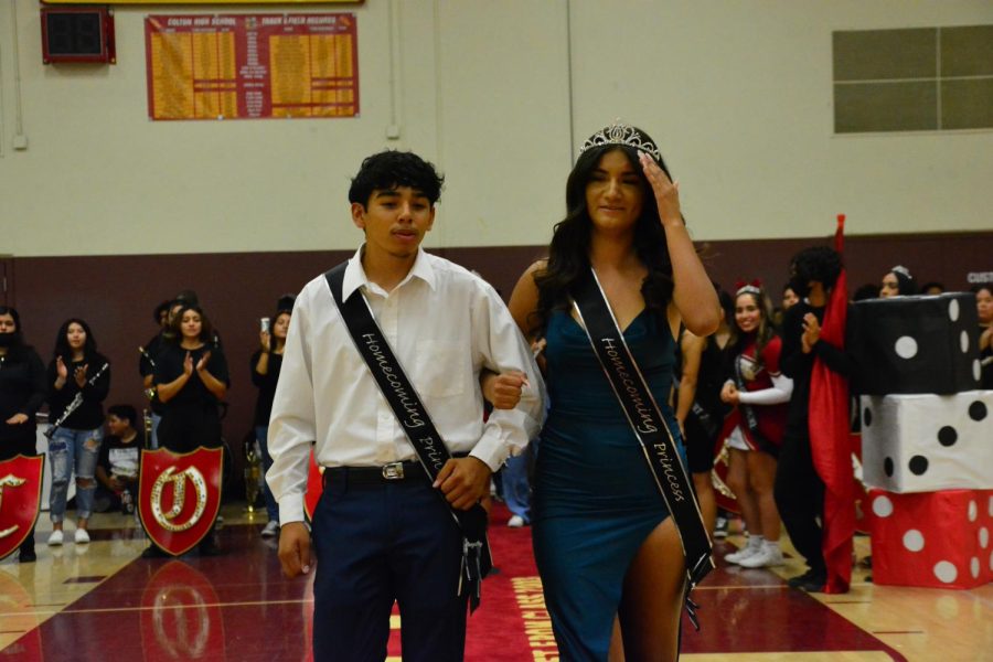 Sophomore prince and princess Isaac Morales and Tiffany Abril come out together at the pep rally.
