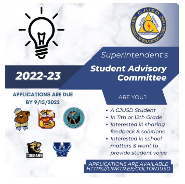 The CJUSD Student Advisory Committee will include students from all five high schools in the district to discuss important issues. Applications are due by Sept. 15.