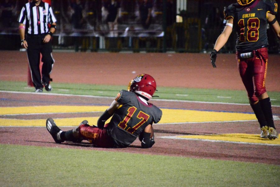Xavier Sandoval rests in the endzone after another Yellowjacket touchdown. He set up residence there four times during the game.
