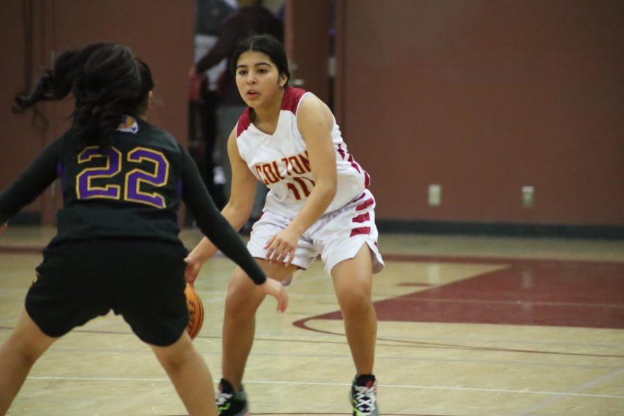 Sophomore guard Savannah Govea prepares to put a crossover on her defender from Sherman Indian High. She would go on to score 26 points on 10-15 shooting.