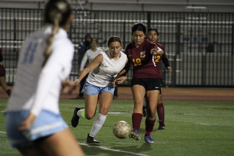 Paola Soto fights for the ball against the Bloomington Bruins. Colton would lose 1-0 in the hard fought match.