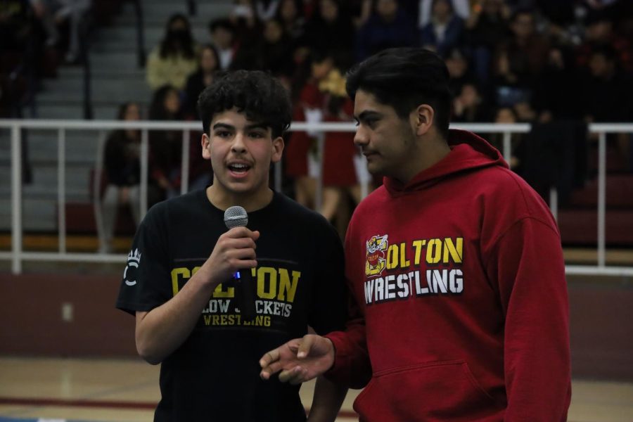 Aiden Arroyo and Santino Zamora introduce this years wrestling team and let everyone know that team captain Jose Ramirez could not be there because he is at Palm Springs High wrestling at the CIF Southern Section Masters competition.