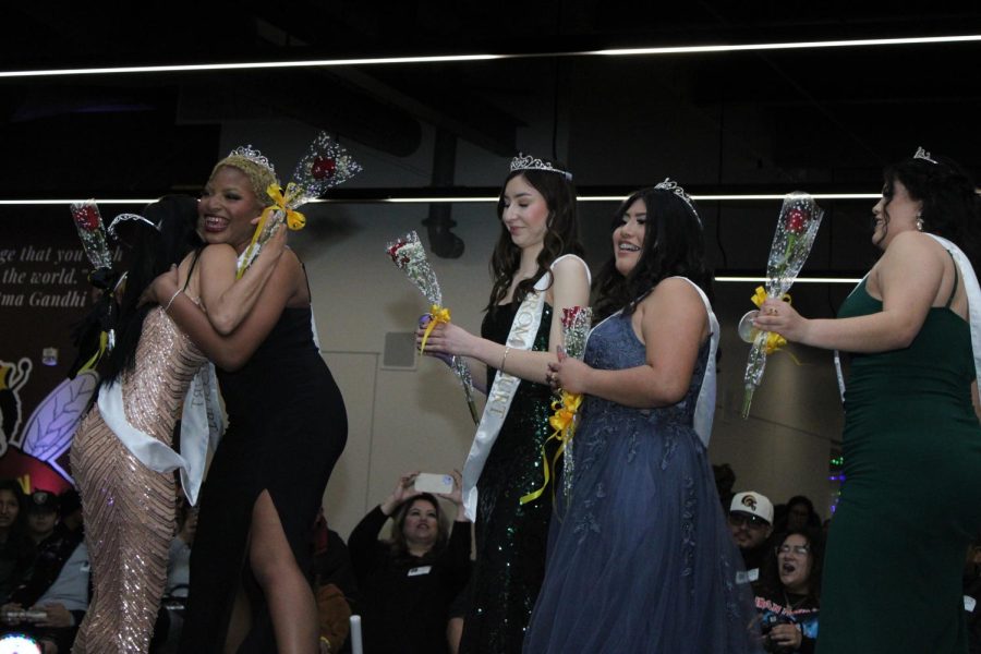 The 2023 Prom Queen nominees celebrate each other. From left: Jazmine Retamal, Mercy Mgbemere, Leslie Venegas, Lesley Yanez, Joleena Silberman
