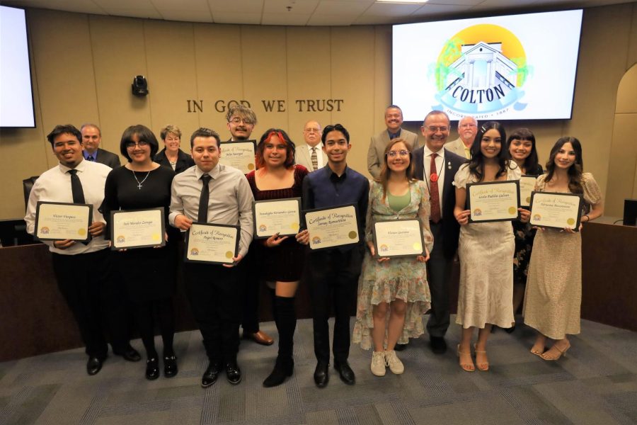 Seniors from multiple CHS organizations were honored by the Colton City Council on May 16 in a special ceremony. From left: Victor Vasquez, Ash Morales-Zuniga, Angel Romero, Julio Jauregui, Annaleigha Garcia, Samay Ramachhita, Vivian Guevara, Leslie Padilla-Galvan, Allison Favela, and Adrianna Bissonnette.