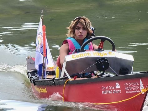 Boating Team Co-Captain Mia Zamora sets sail in the Inland Solar Challenge, held at Yucaipa Regional Park on May 19-21.