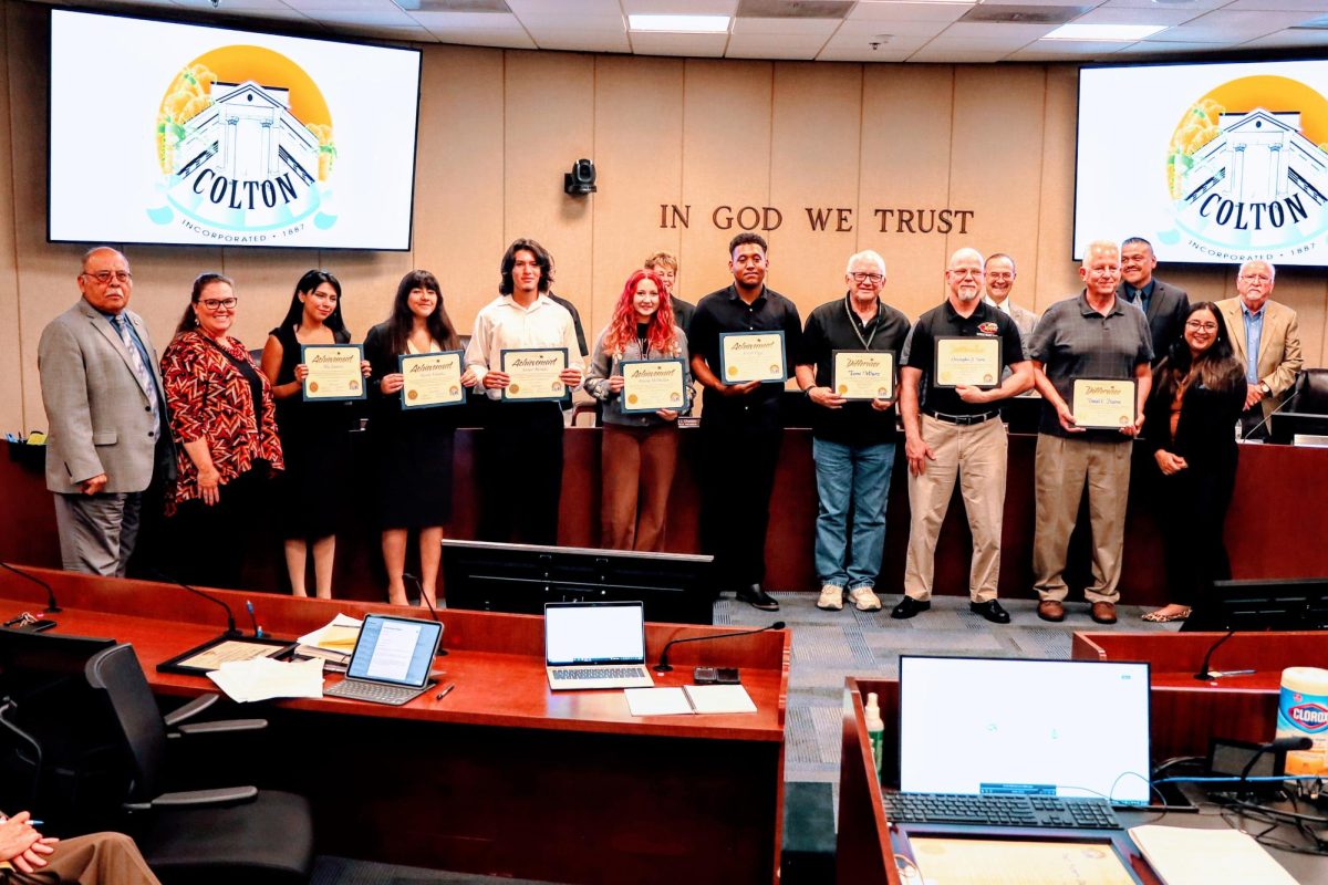 Look at all those proud faces! On Aug. 1,  the CHS Solar Boating Team was recognized by the Colton City Council for their efforts in competition and towards educating the community about water conservation. Featured (from left): Front: Mayor Frank Navarro, Adrianne Rogers, Mia Zamora, Nicole Valadez, Junior Morales, Briana McMullen, Josiah Diggs, Tom Wurz, Chris Barta, Daniel Hearon, Cecilia Griego. Back: city councilman David Toro, city councilwoman Kelly Chastain, city councilman Luis Dr. G Gonzalez, city councilman John Echevarria.