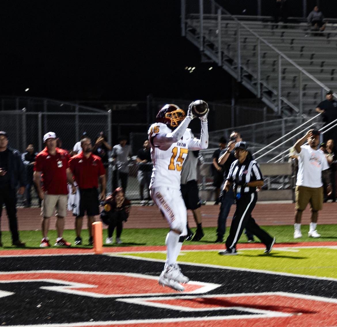 Alex Juarez pulls down the game winning touchdown pass with no time left on the clock to secure the Yellowjackets 36-35 victory over the Cardinals. As the play unfolded, Juarez said all he could think was, Dont drop the ball.