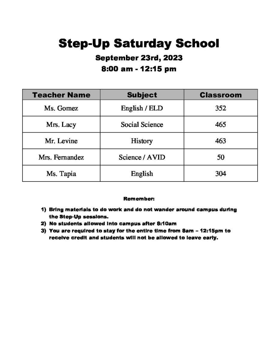 Step-Up Saturday school will happen this Saturday, September 23th. 