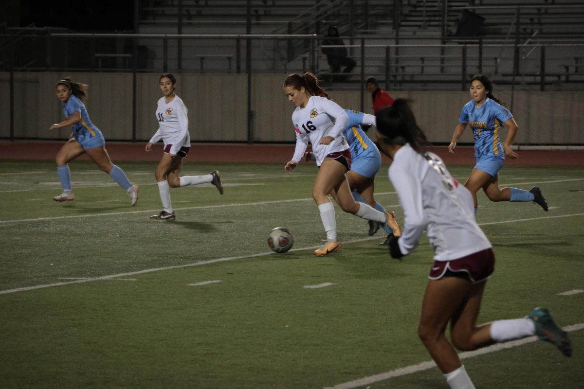 Anna Bailey leads the Yellowjackets charge against San Gorgonio. She finished the game with 1 goal and 2 assists in Coltons 4-2 victory over the Spartans.
