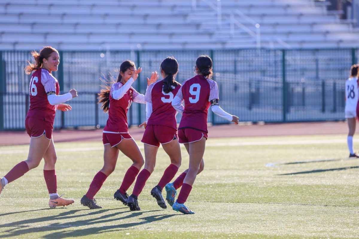 The girls celebrate a goal early in the second half.