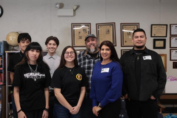 The Pepper Bough editorial staff and the owners of the Inland Empire Community News went into a partnership designed to expand their reach in the Colton community. From left: Matthew Monge-Cortez, Daphne Marquez, Brandon Salvato, Erin Dallatorre, Jeremiah Dollins, Denise Berver, Manny Sandoval.