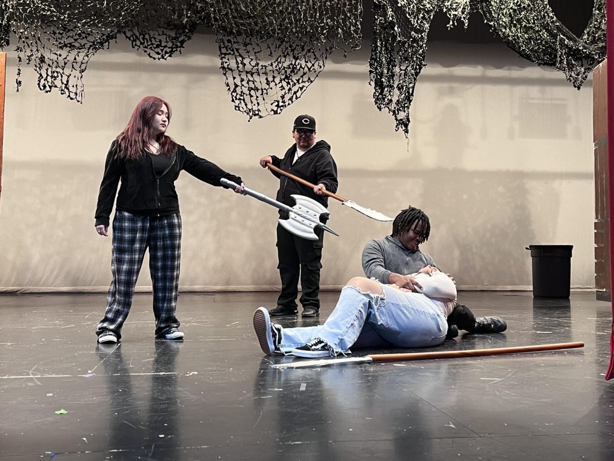 The cast of The Kings Rebellion rehearses a pivotal scene. From left: Brianna Gil, Michael Gil, Mardell Jones, Nancy Covarrubias.