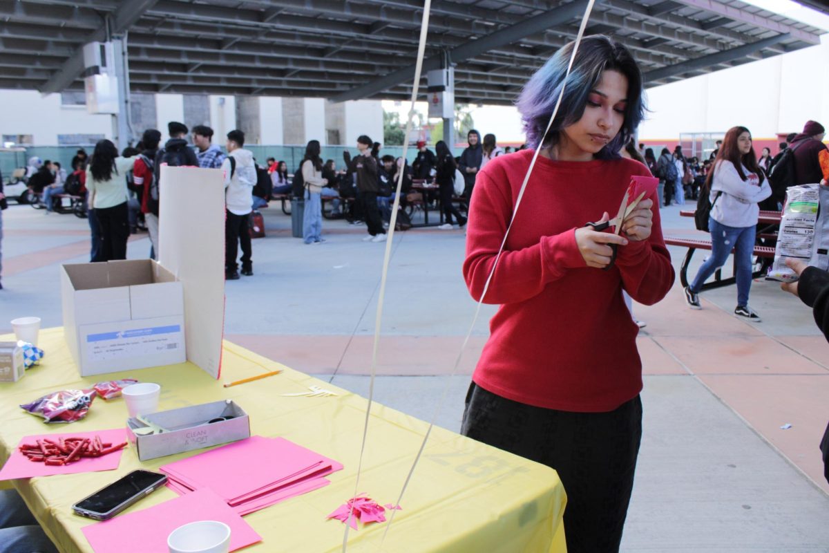 Asia Rios clips paper at the Chinese Club's origami station during lunchtime.