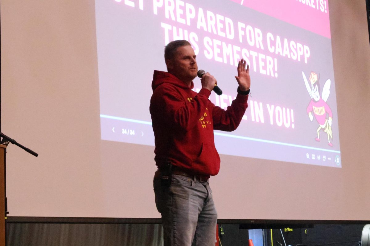 CHS Principal John Abbott gives juniors instruction and vision for the upcoming CAASPP exam at the CAASPP-Chella assembly on Jan. 10.