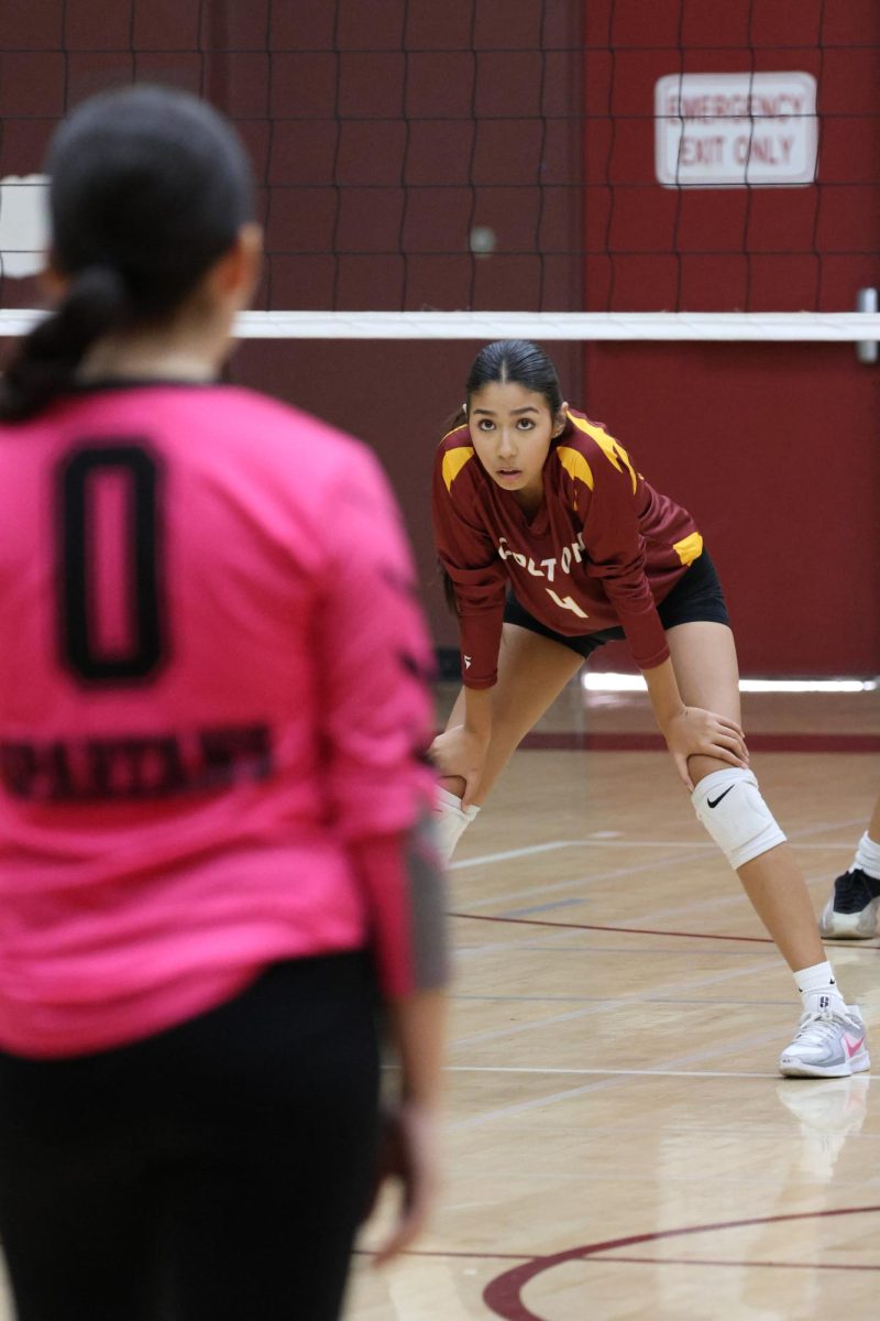 Kayla Barajas is ready for the next serve against San Gorgonio on Aug. 27.