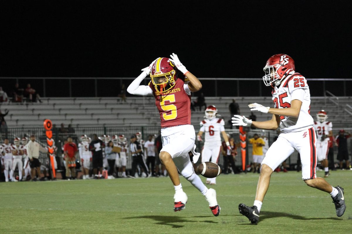 Michael Amador drops a pass in the second quarter against Palm Springs. Colton would go on to lose the high scoring game 49-42.
