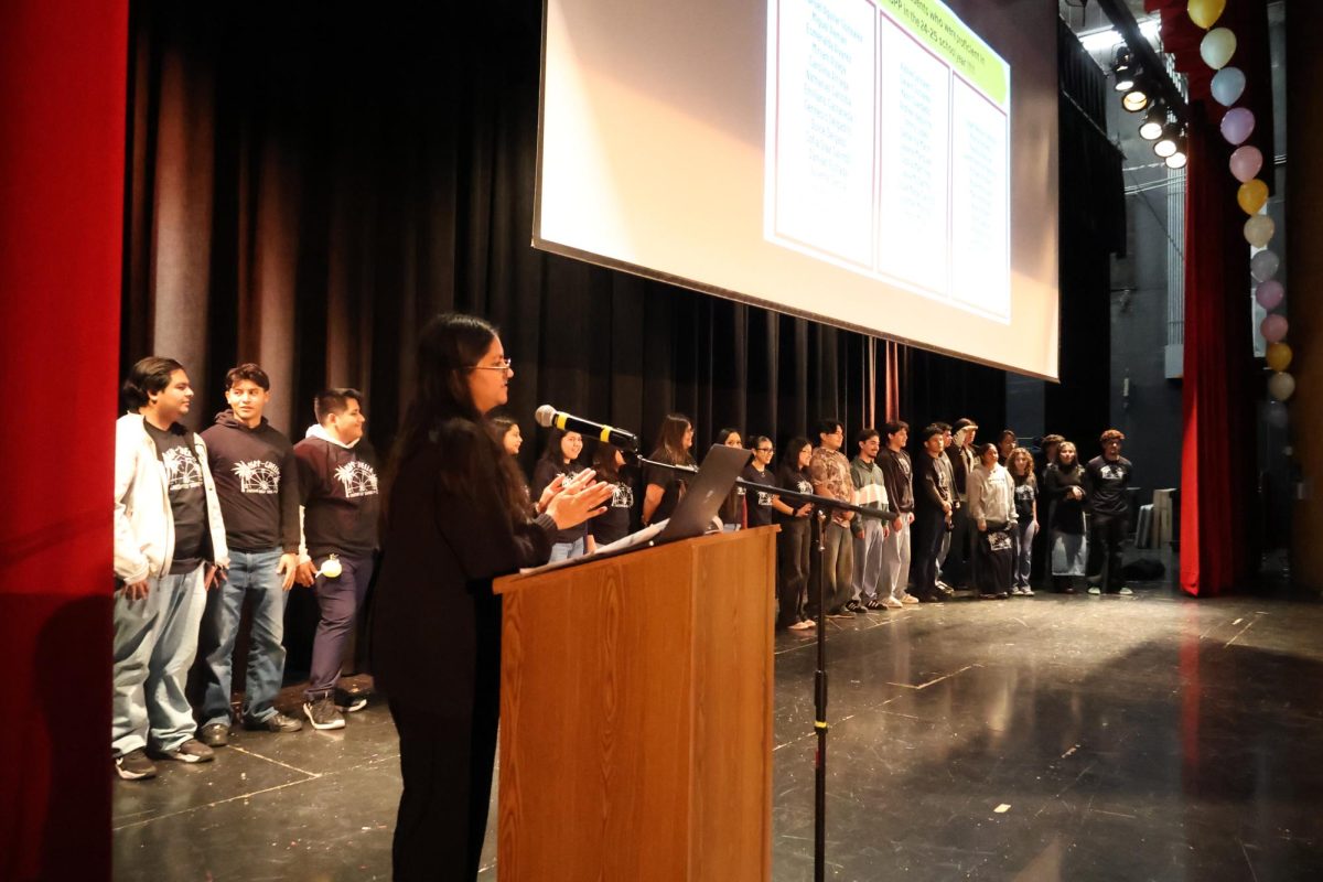 CHS Teacher Sneha Sharma introduces this year's CAASPP Ambassadors at the second annual CAASPP-Chella assembly. The assembly prepares Colton High's juniors for the upcoming state test.