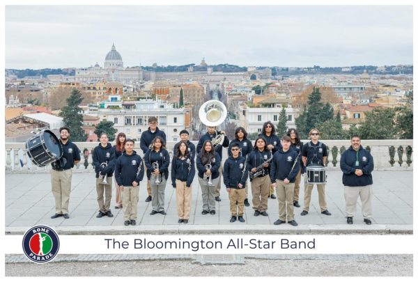 The Bloomington All-Star band, made up of students from all three CJUSD high schools, pose for their official portrait at the 2026 Rome New Years Parade.